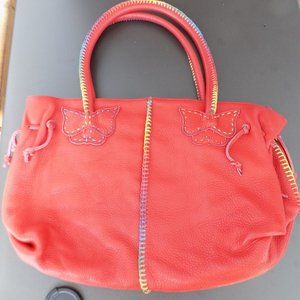 TOTO SHOULDER BAG RED WITH RAINBOW STITCHING & BUTTERFLY EMBELLISHMENT